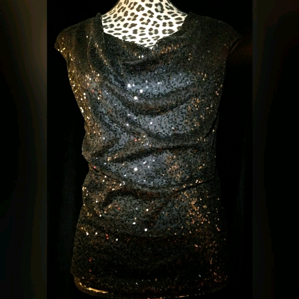 Black Ann Taylor M Petite Sequined Cotton Top NWT